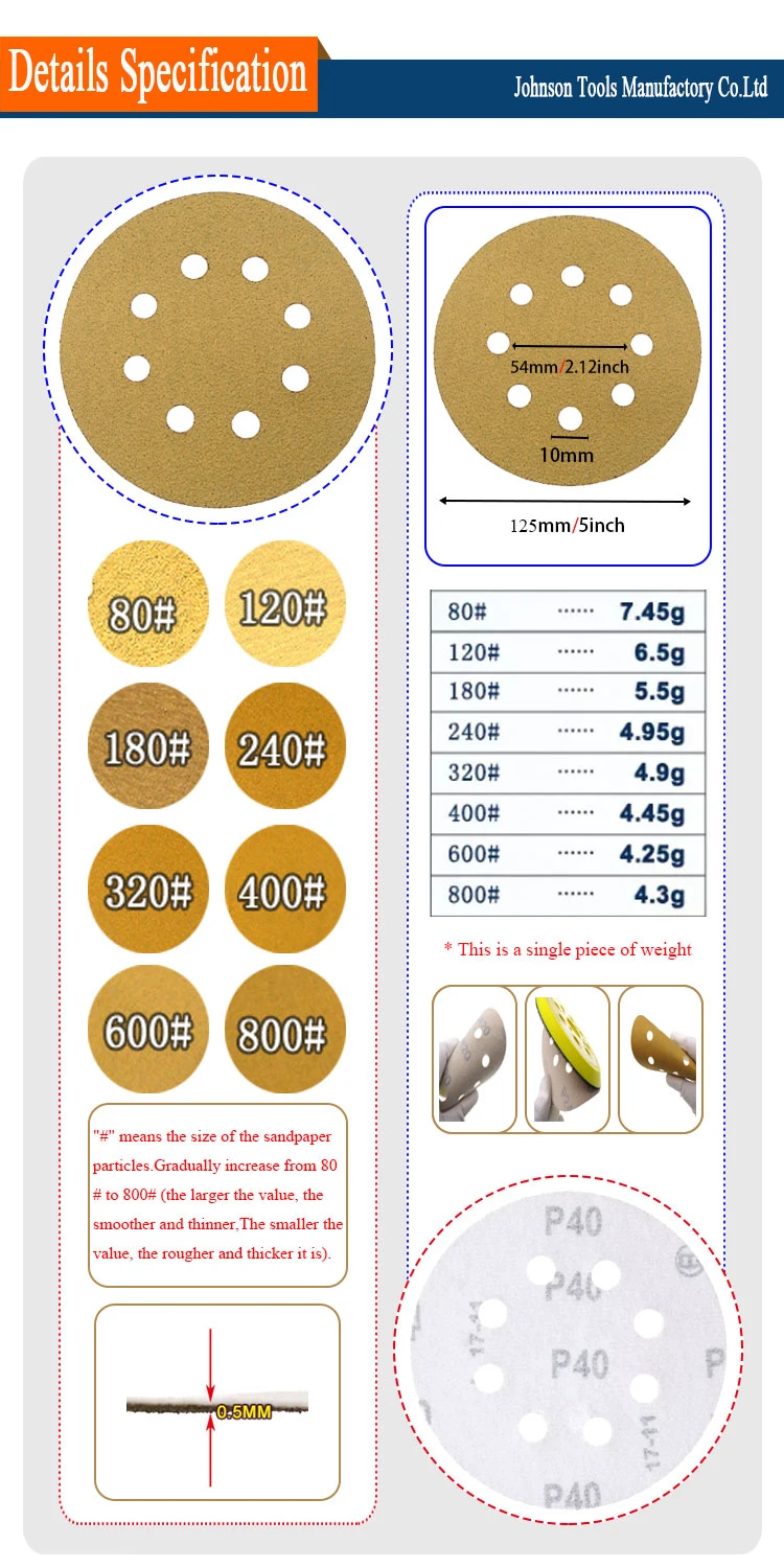 Yellow 8 Holes 5inch 125mm Wet Coarse Sanding Discs Pads for Wood Epoxy Resin Paper Sheet